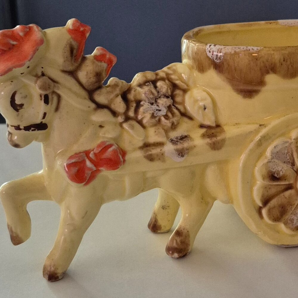 Vintage Relpo Horse & Cart Planter Porcelain Yellow Orange Brown 7"L x 3.75"T GC